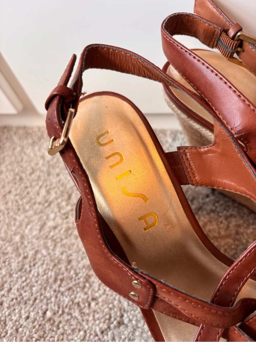 Unisa Brown Leather Wedge Sandals Casual Summer Strappy Espadrille